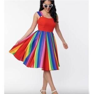 Unique Vintage Red Rainbow Swing Dress 1950s, Rockabilly Sz XS #39